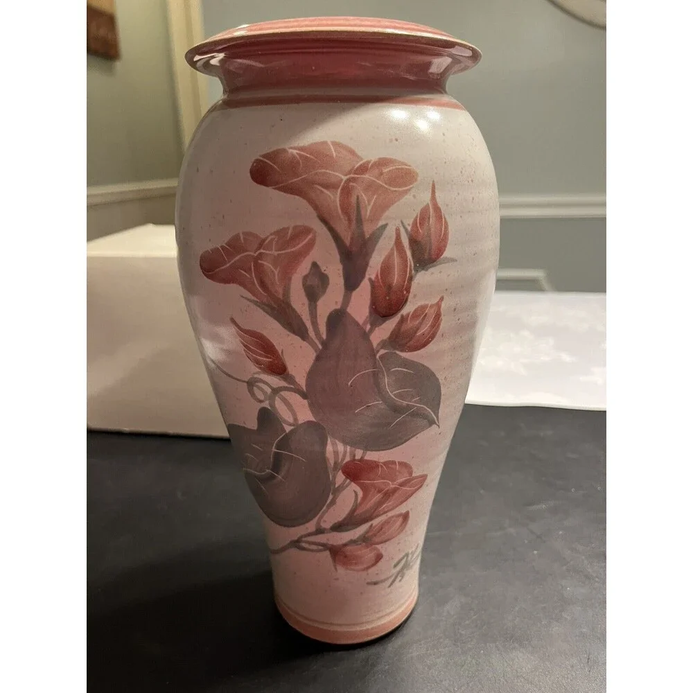 Vtg Peddlers Village Handcrafted Pottery Pink Calle Lilly 10” Vase Signed